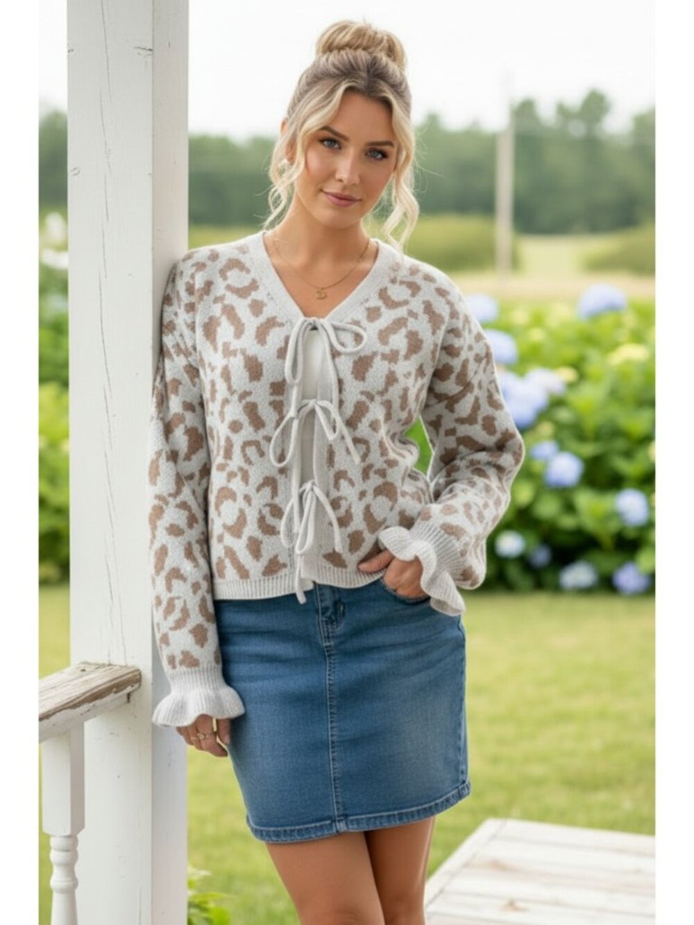 Tie-Front Contrasting Leopard Print Ruffle Bell Long Sleeve V-neck Cardigan Top